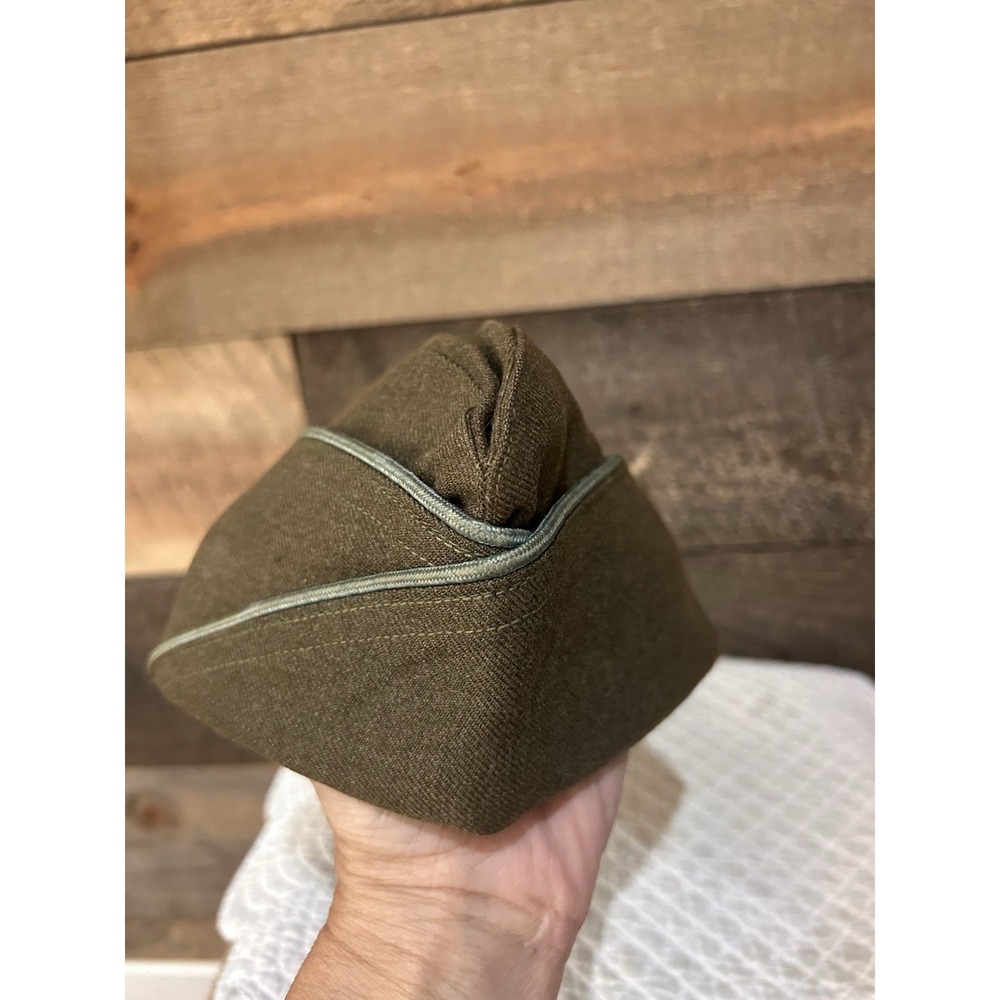 Vintage WWII US Army Garrison Cap Olive Drab Overseas Hat Wool Piping Sz 7